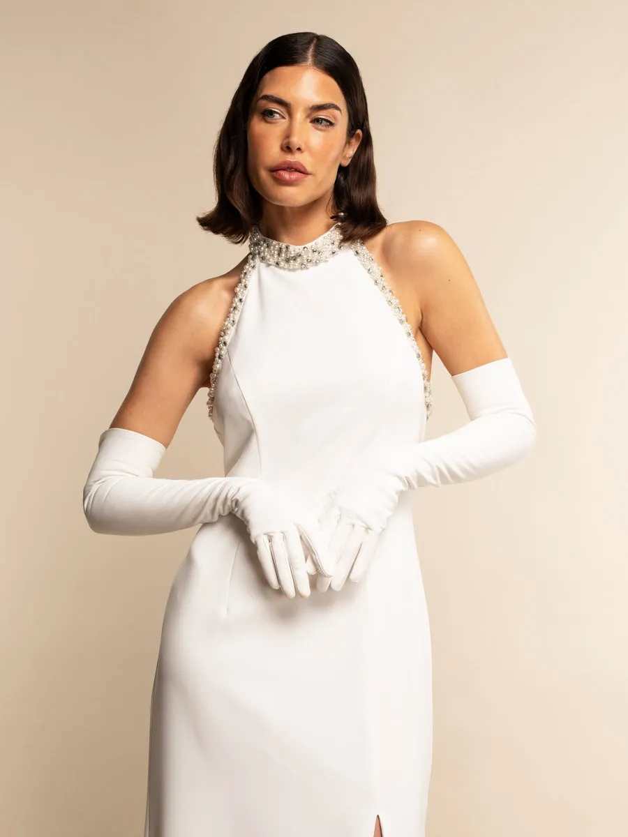 Angelina (white) - Italian silk lined 16-button length leather bridal / opera gloves