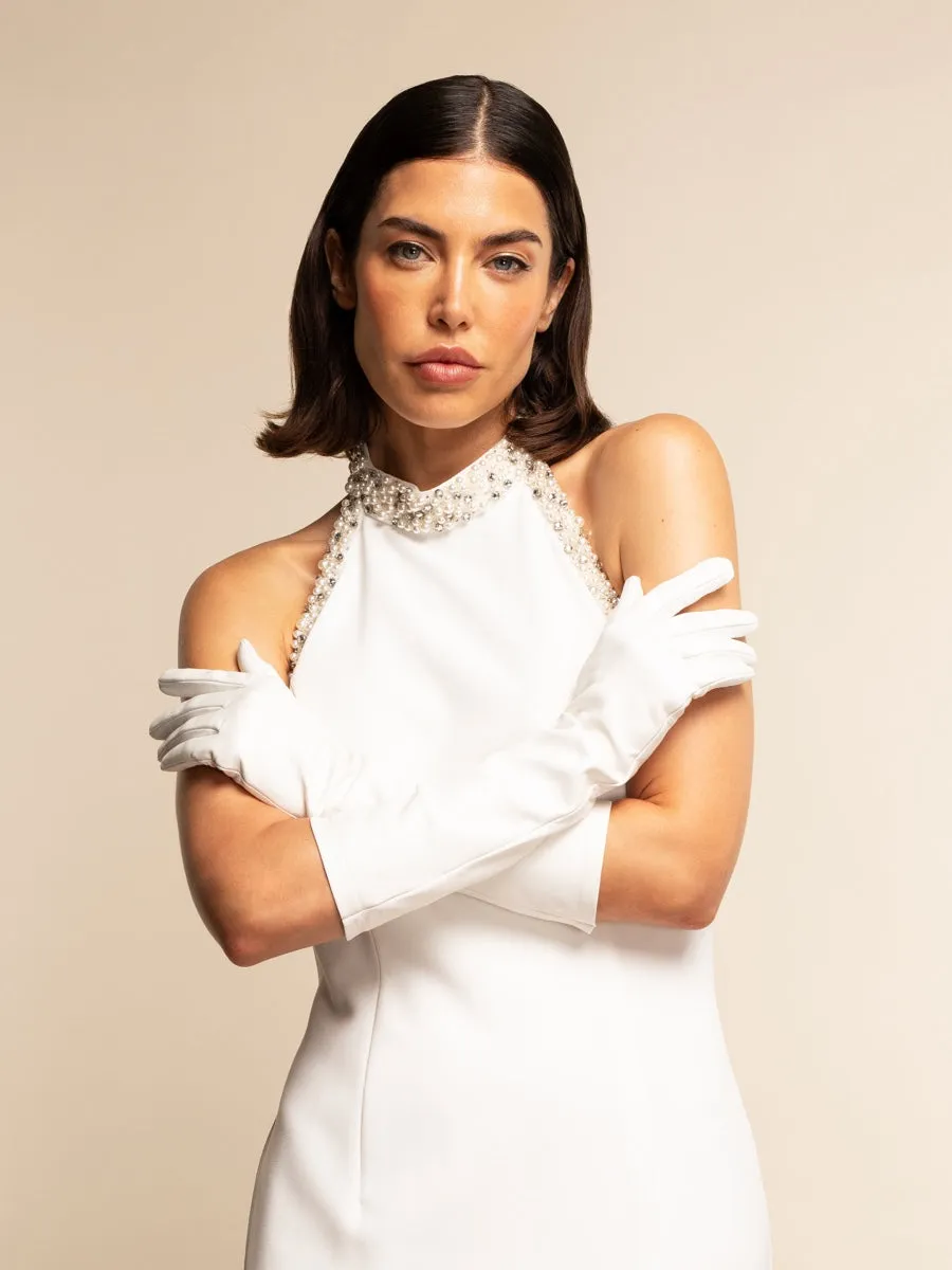 Angelina (white) - Italian silk lined 8-button length leather bridal / opera gloves