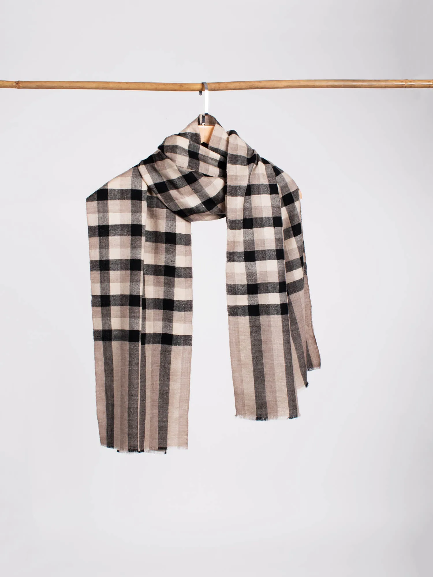 Beige, Black, and White Checkered Cashmere Pashmina Scarf - PONTIAC