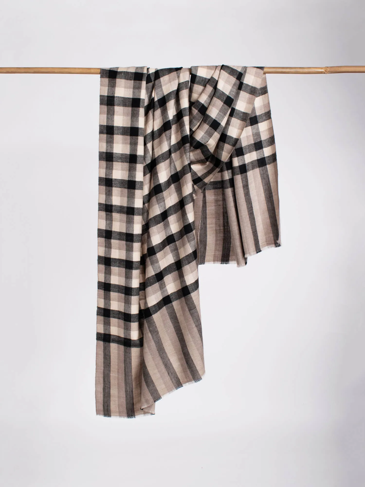 Beige, Black, and White Checkered Cashmere Pashmina Scarf - PONTIAC