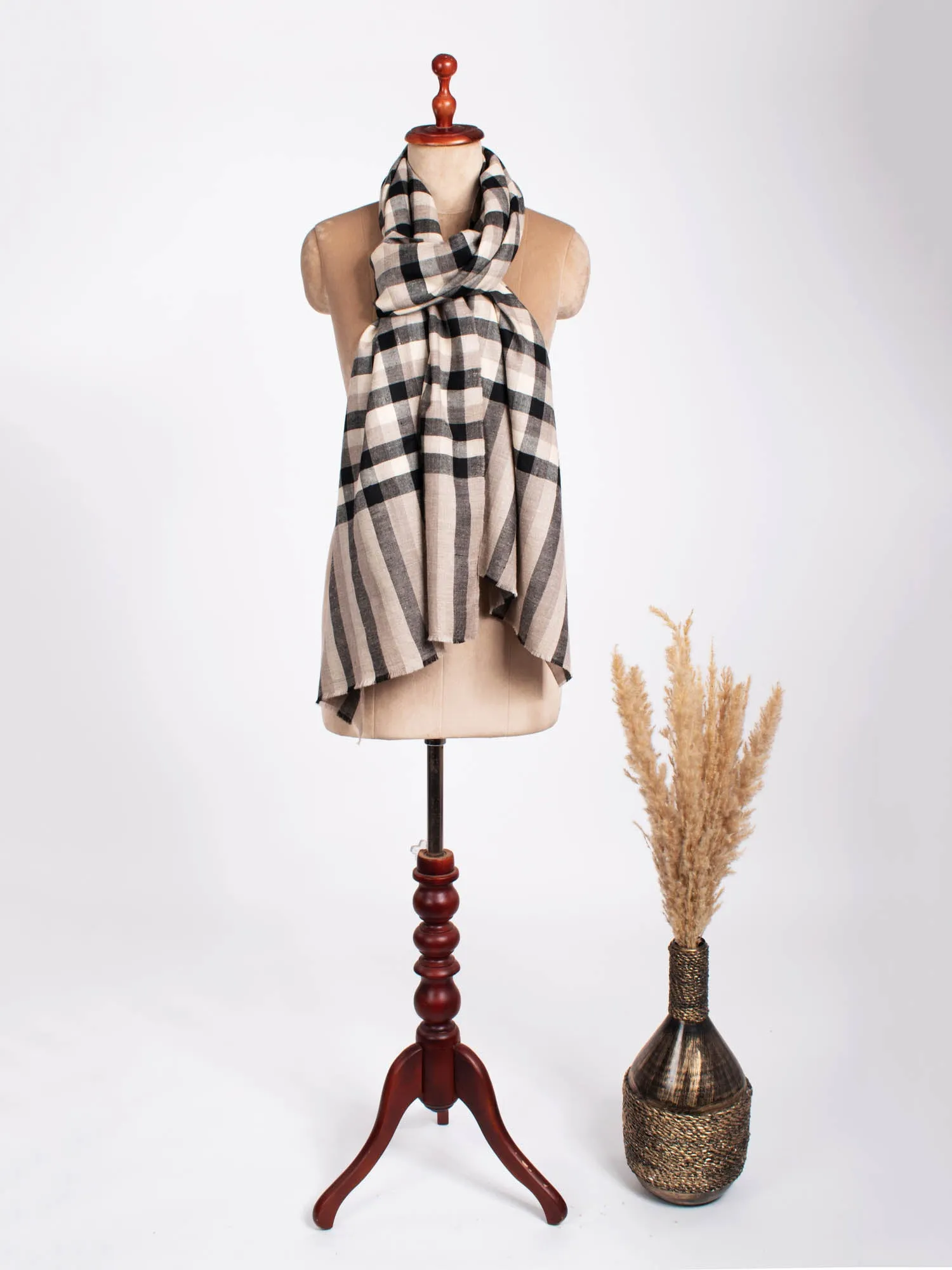 Beige, Black, and White Checkered Cashmere Pashmina Scarf - PONTIAC