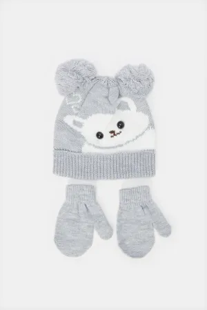 Boys Grey And White Embellished Knitted Cap With Glove Set (2 Piece)