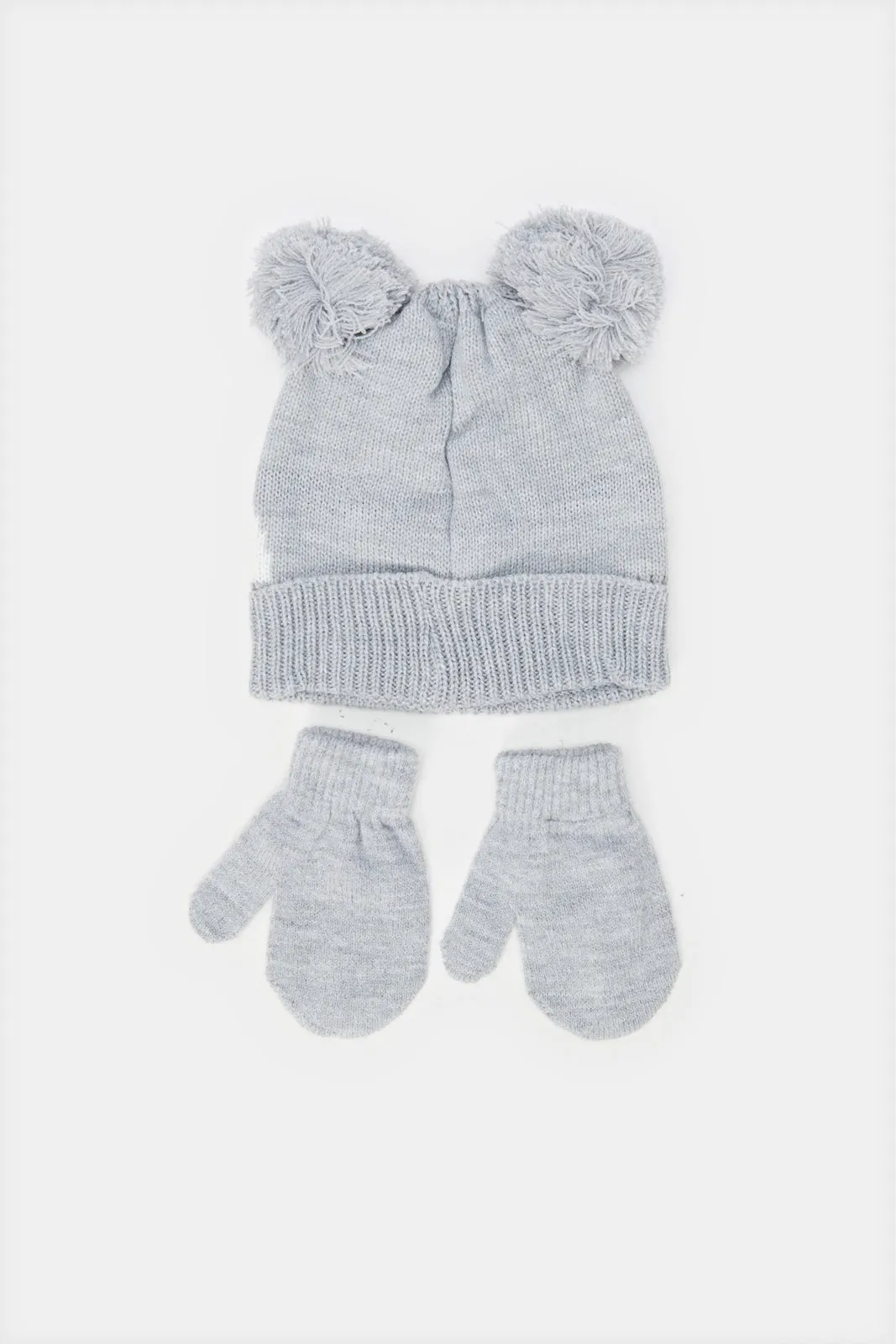 Boys Grey And White Embellished Knitted Cap With Glove Set (2 Piece)