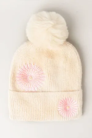 Daisy Pattern Knit Beanie  Pom Pom