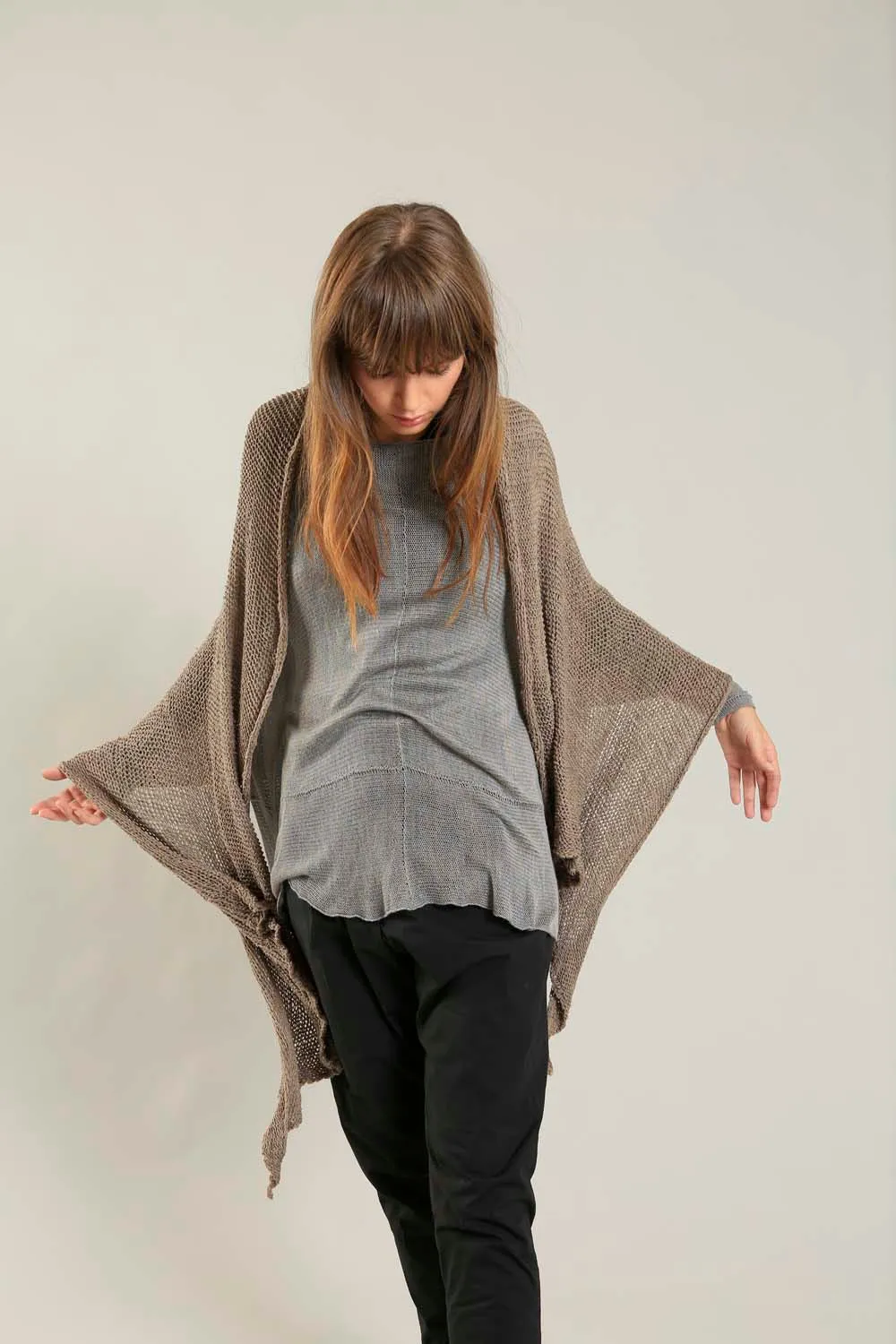 Open knit Cotton & Bamboo Prevo Scarf - Dark Taupe- Camel