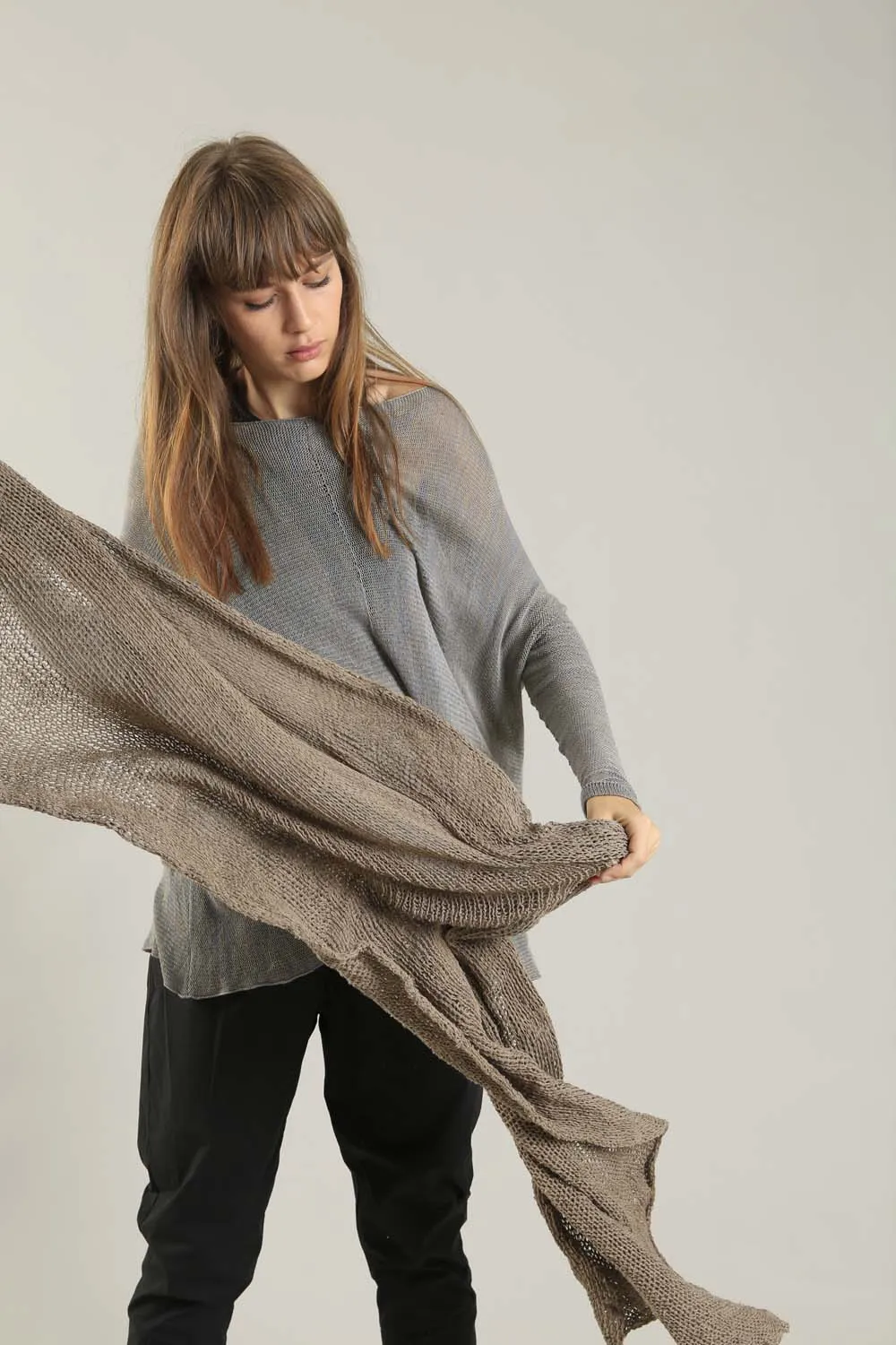 Open knit Cotton & Bamboo Prevo Scarf - Dark Taupe- Camel