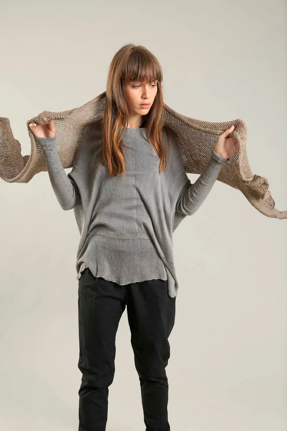 Open knit Cotton & Bamboo Prevo Scarf - Dark Taupe- Camel