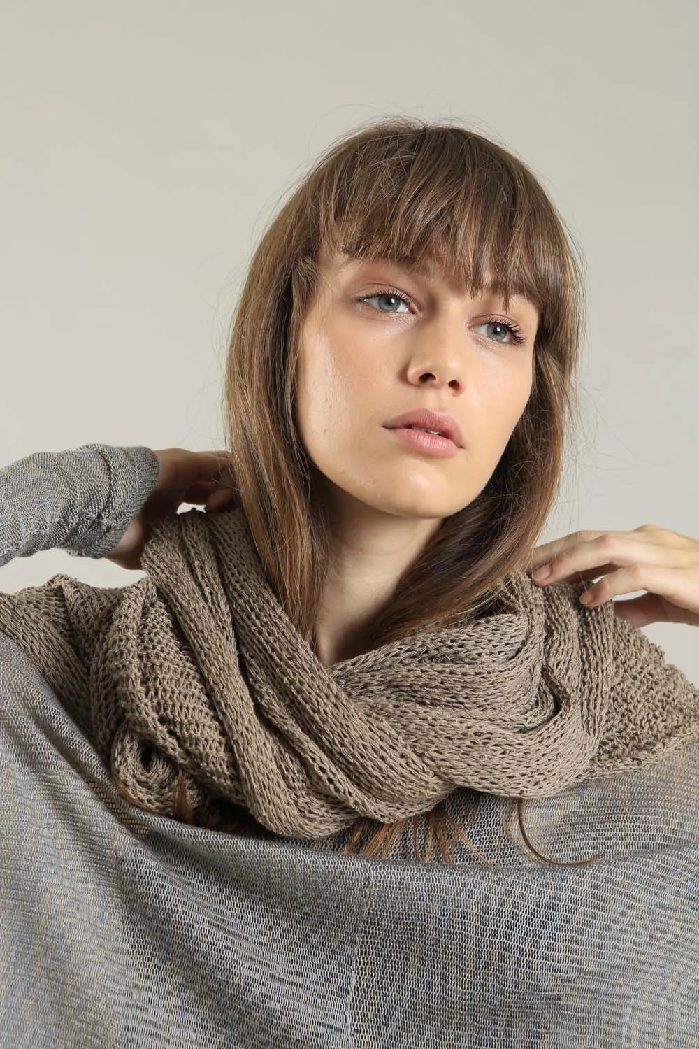 Open knit Cotton & Bamboo Prevo Scarf - Dark Taupe- Camel