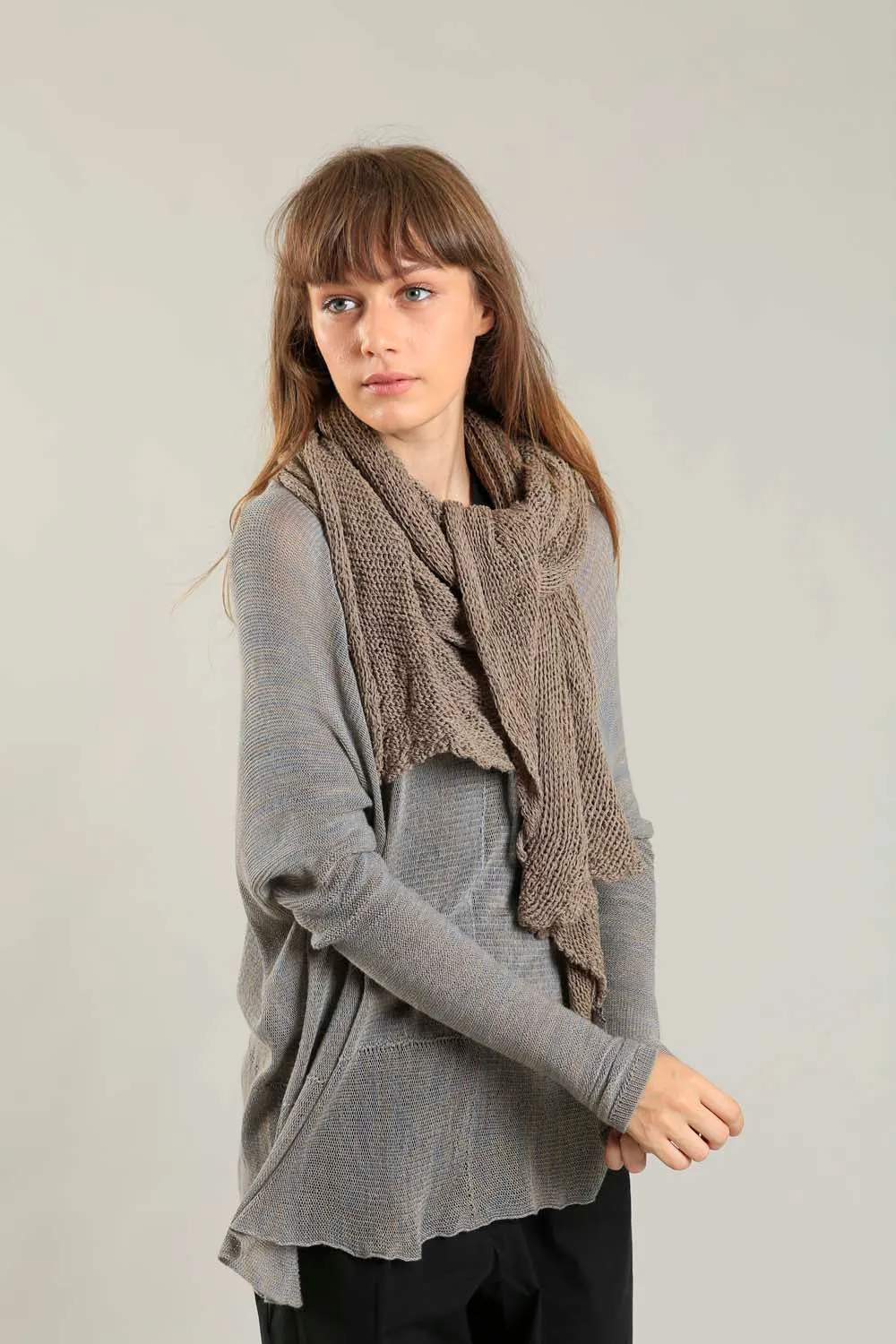 Open knit Cotton & Bamboo Prevo Scarf - Dark Taupe- Camel