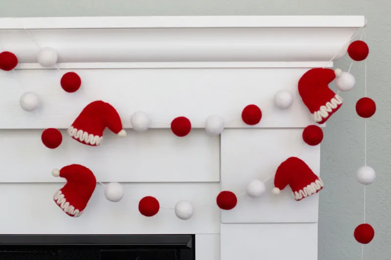 Santa Claus Hats Felt Christmas Garland- Red & White