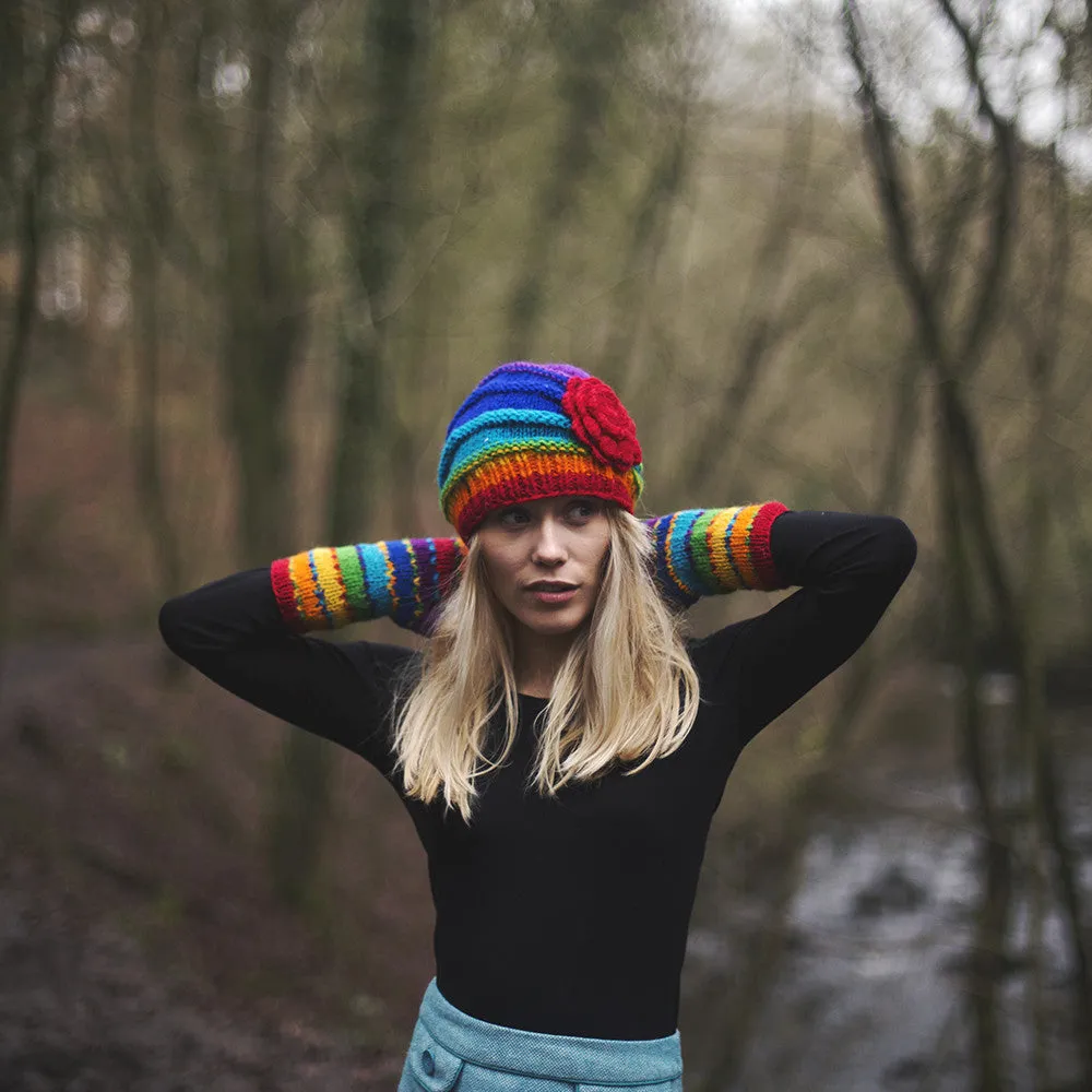 shell rib knit beanie hat with large flower