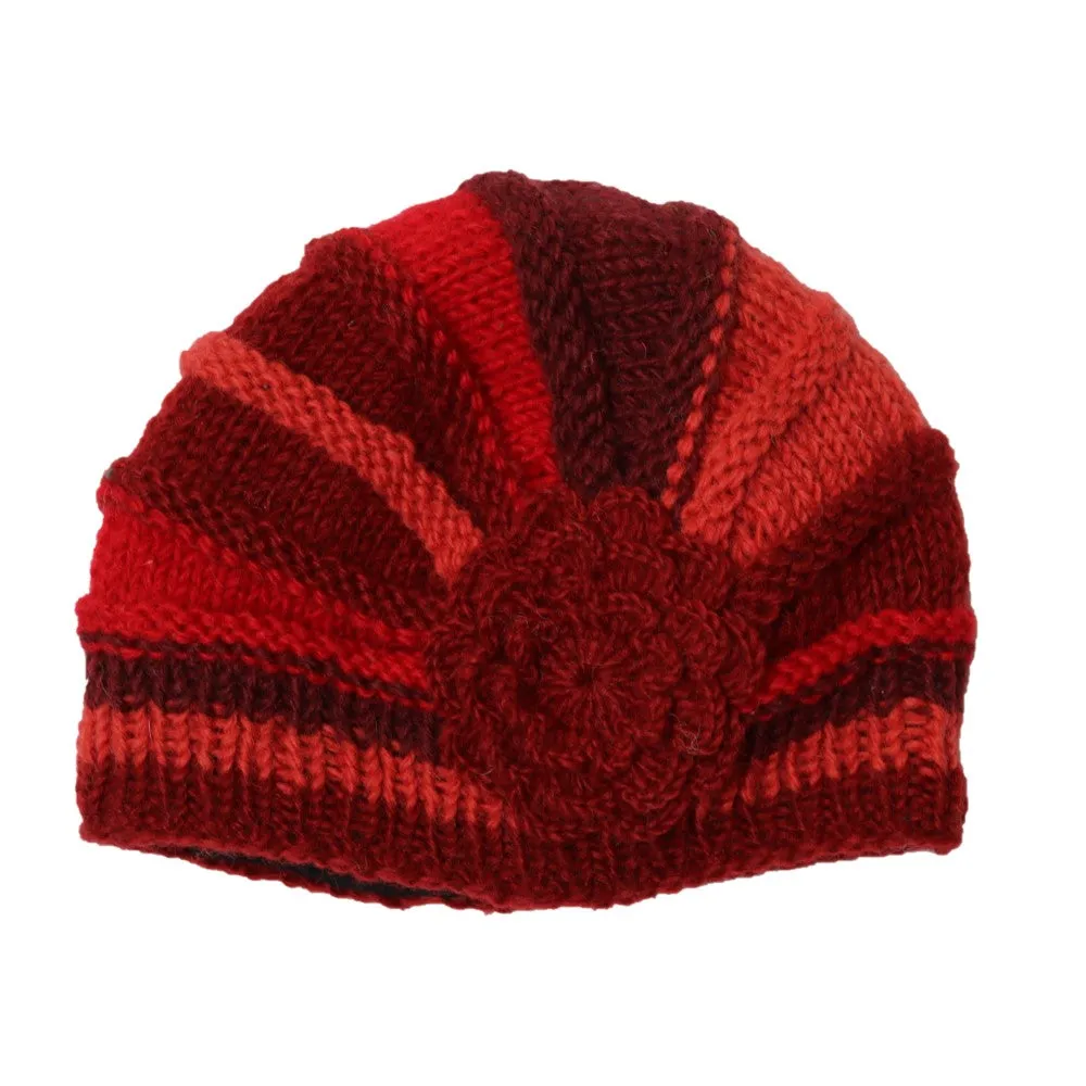 shell rib knit beanie hat with large flower