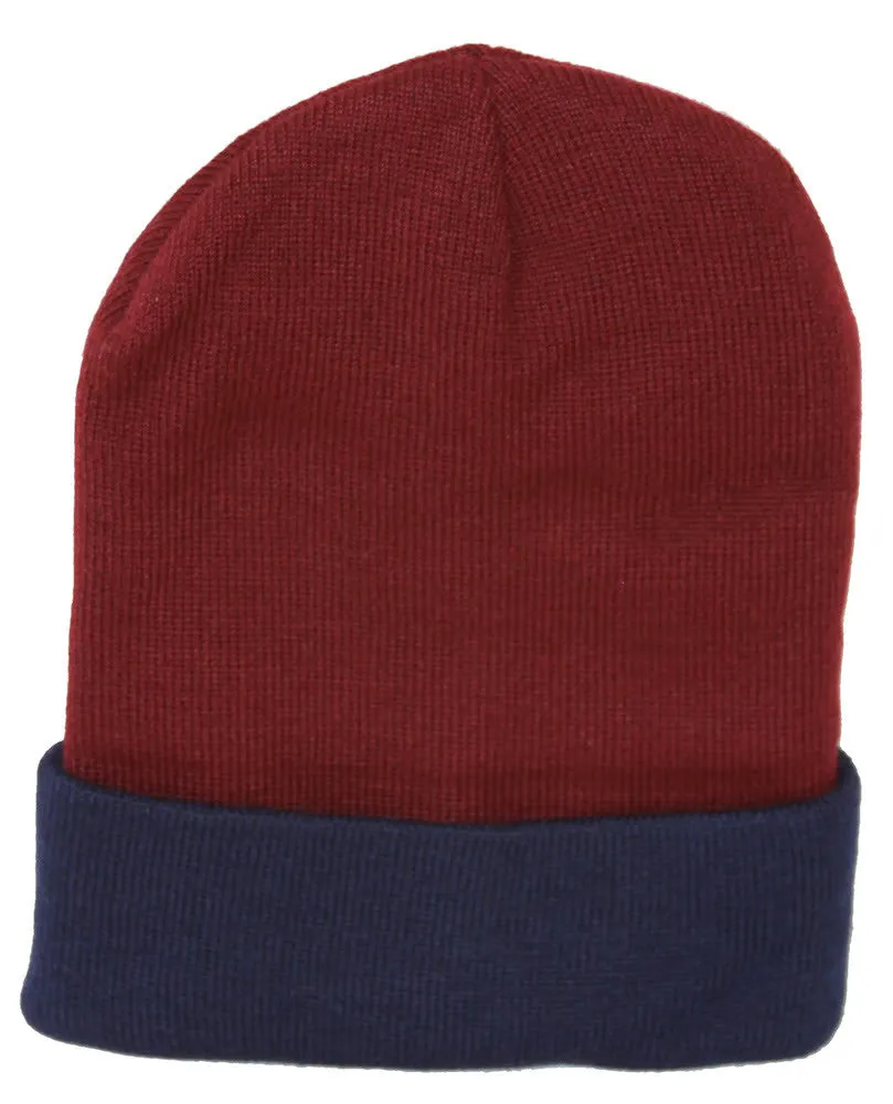 TopHeadwear's Winter Cuffed Beanie Cap Two Toned - Maroon Navy