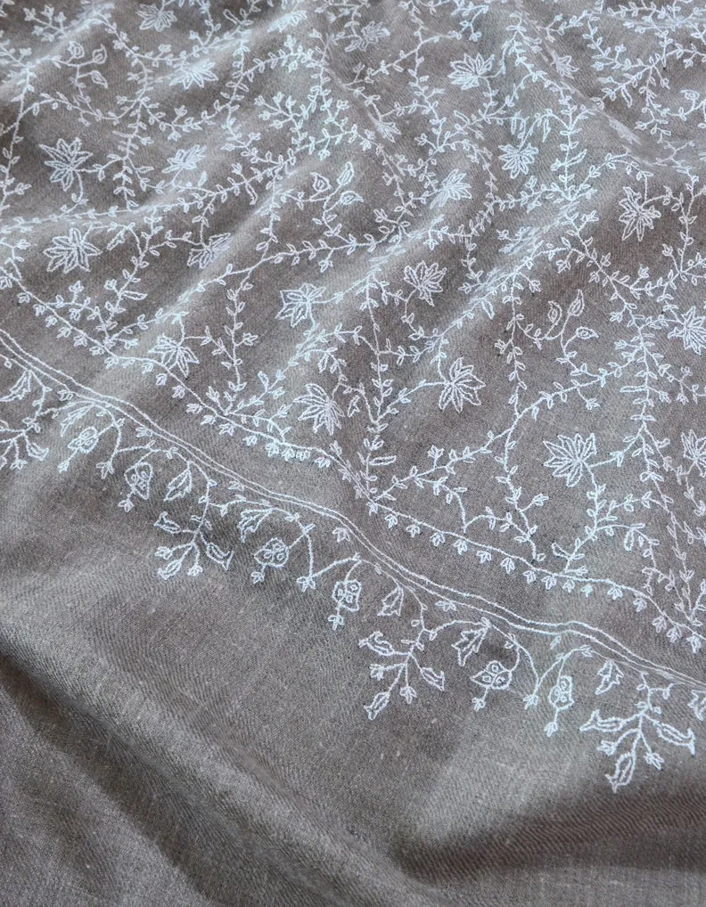 White Jaali Sozni Work On Natural Pashmina Stole 5368