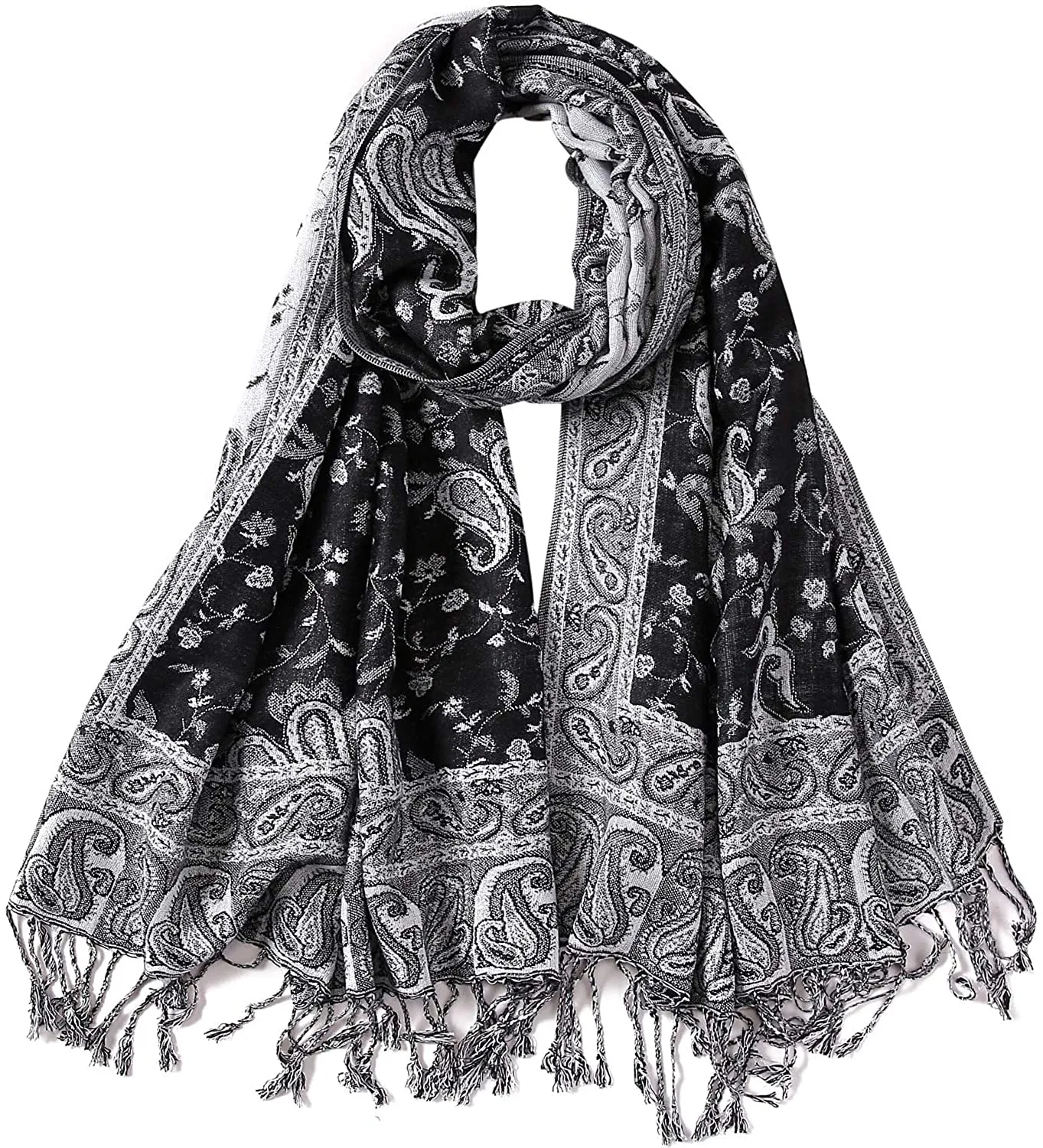 Women's Paisley Pattern Reversible Pashmina Silk Scarf Shawl Wrap with Fringes