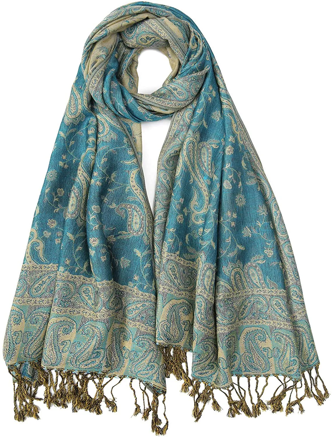 Women's Paisley Pattern Reversible Pashmina Silk Scarf Shawl Wrap with Fringes