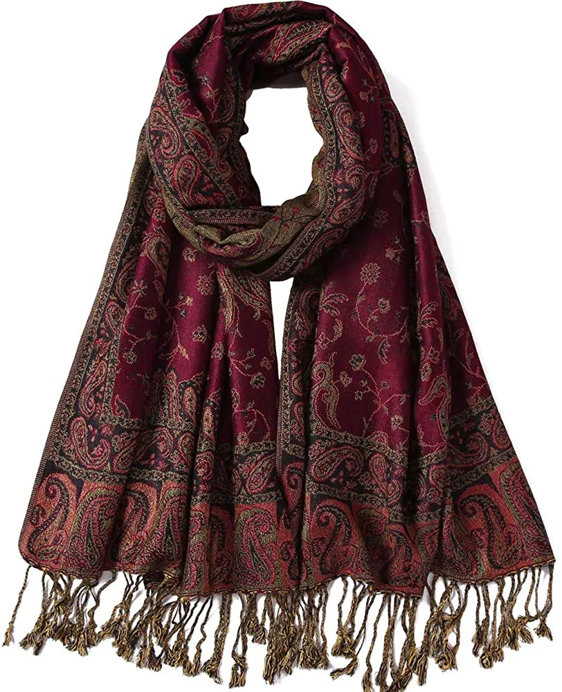 Women's Paisley Pattern Reversible Pashmina Silk Scarf Shawl Wrap with Fringes