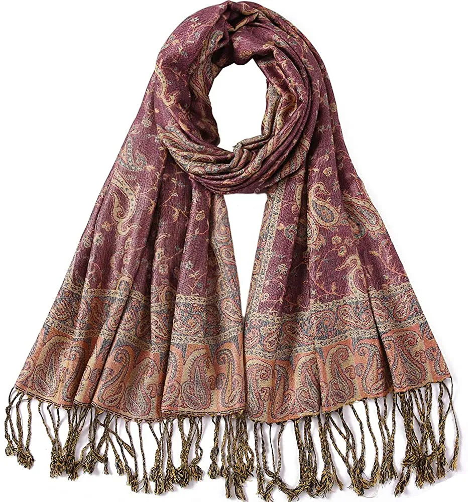 Women's Paisley Pattern Reversible Pashmina Silk Scarf Shawl Wrap with Fringes