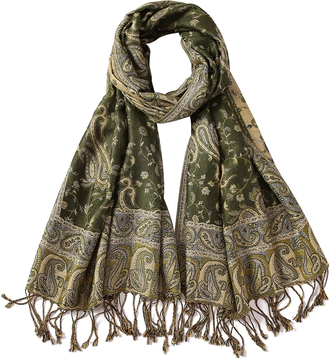 Women's Paisley Pattern Reversible Pashmina Silk Scarf Shawl Wrap with Fringes