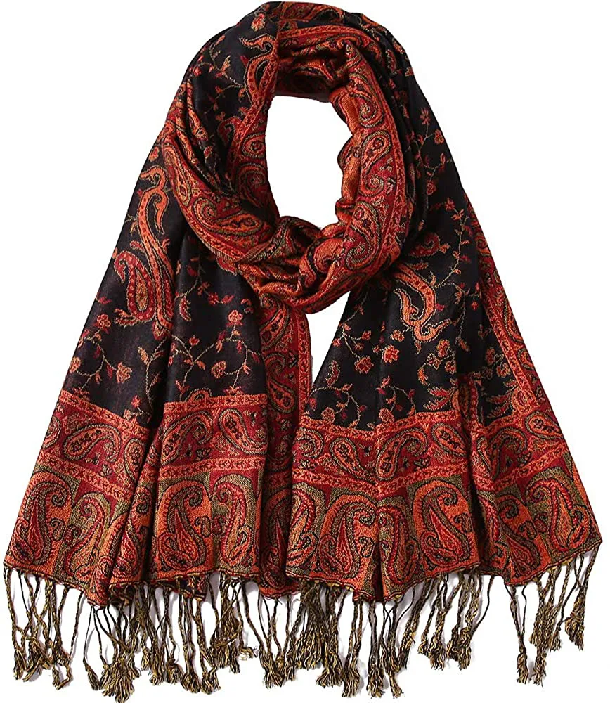 Women's Paisley Pattern Reversible Pashmina Silk Scarf Shawl Wrap with Fringes