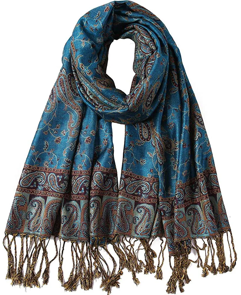 Women's Paisley Pattern Reversible Pashmina Silk Scarf Shawl Wrap with Fringes